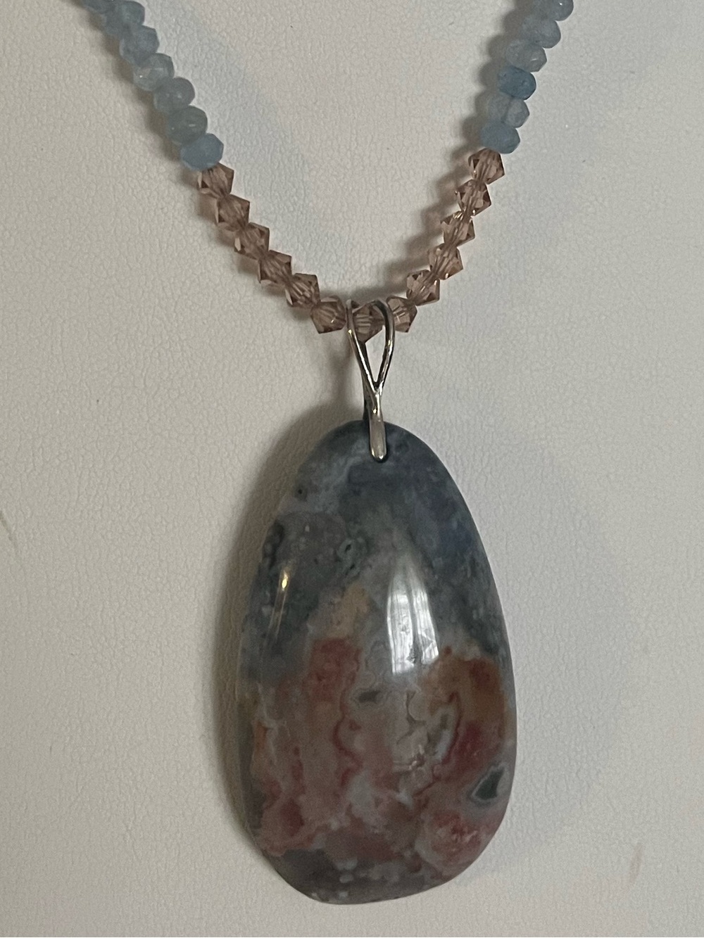 Natural Agate Pendant Blue Topaz Necklace Sterling Silver findings.